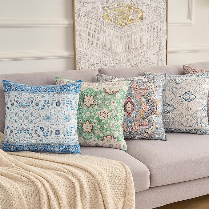 Boho Floral Throw Pillow Covers 16x16 inch Set of 2,Green Boho Rug Geometric Floral Pattern Decor Double Sided Pattern Cushion Cover Soft Pillow Case Living Sofa Room Bed Square Pillow Cover