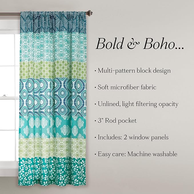 Lush Decor Bohemian Stripe Window Curtain Panels, Pair 52" W x 63" L Blue & Green - Light Filtering Curtains for Bedroom - Boho Curtains - Maximalist Decor