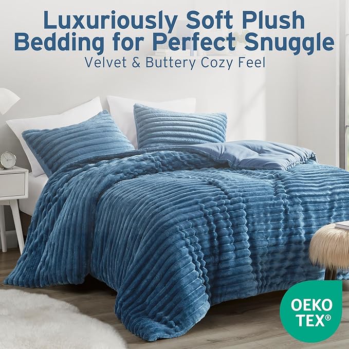 Intelligent Design King Comforter Set, Cozy Plush Bedding, Microfiber Reverse, 3 Piece, Lightweight, Super Soft Ribbed Velvet Comforter 2 Shams, All Season Fluffy Bed Set, Avril, King/Cal King Blue