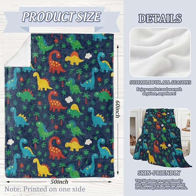 Colorful Cartoon Dinosaur Blanket, Playful Jungle Theme 80 x 60 Inch Flannel Throw Blanket, Gifts for Women Kids, Lightweight Cozy Warm Blankets for Sofa Travel Home Decor