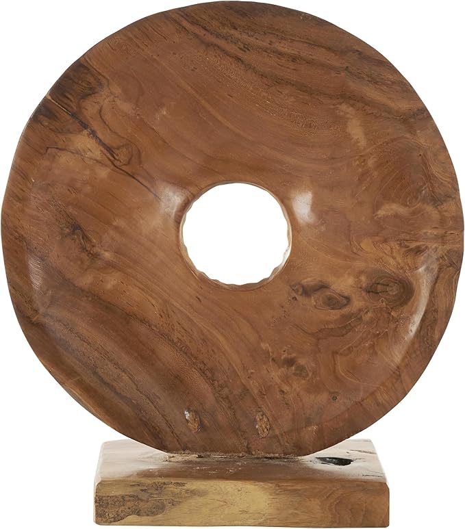 Deco 79 Teak Wood Abstract Handmade Decorative Sculpture Dimensional Circular Home Decor Statue with Center Cutout, Accent Figurine 16" x 5" x 17", Brown