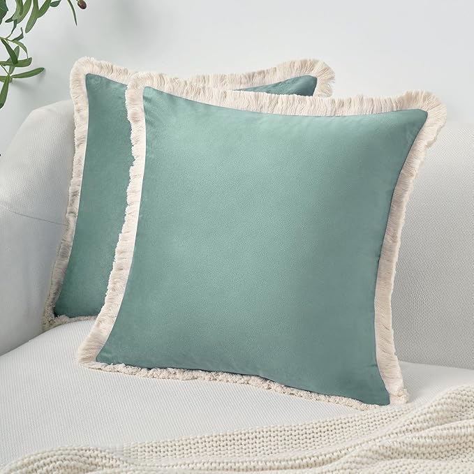 MONDAY MOOSE Decorative Throw Pillow Covers Cushion Cases, Set of 2 Soft Velvet Modern Fringe Tassel Designs, Mix and Match for Home Decor, Pillow Inserts Not Included (Sea Green, 18x18 inch)