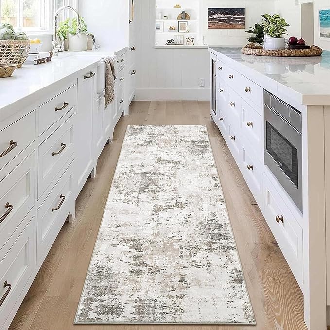 Modern Abstract 2x10 Runner Rug Non Slip Non Shedding Rug Low Pile Stain Resistant for Bedroom Hallway Kitchen,Taupe/Beige