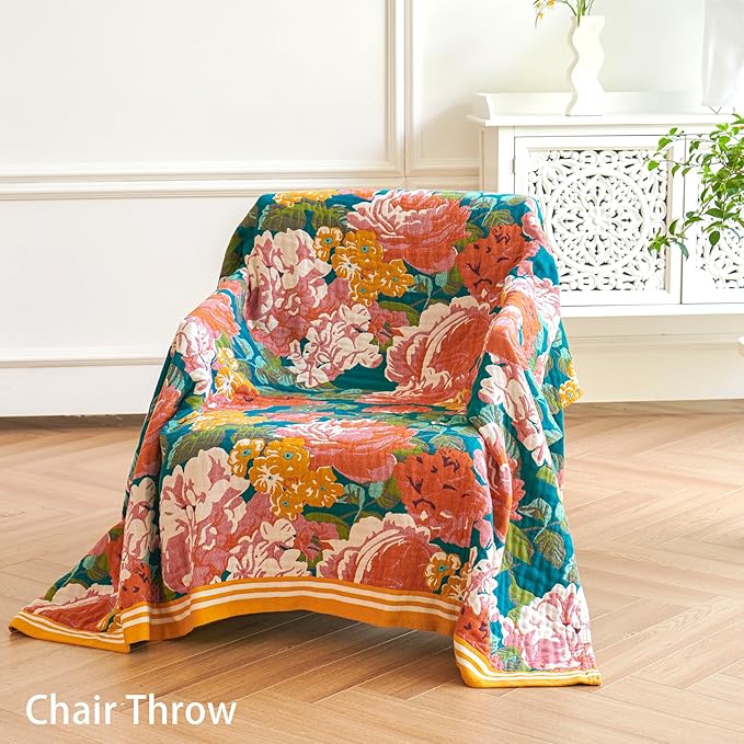 Boho Throw Blanket, 100% Organic Cotton Breathable Ultra Soft 80" x 90" Bed Quilt Throw - All Season Floral Rustic Farmhouse Decor Luxury Reversible Blanket for Sofa Couch Chair and Gift