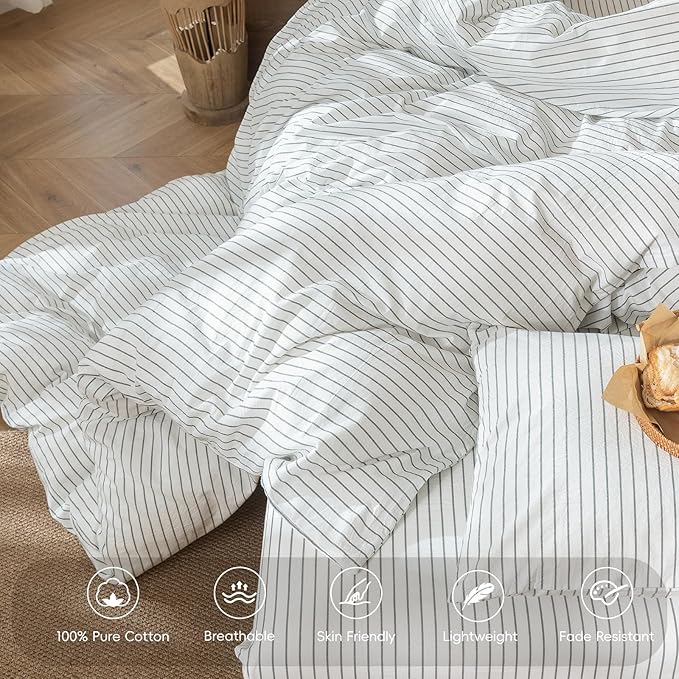 MooMee Striped Duvet Cover Set 100% Washed Cotton Linen Like Textured Breathable Durable Soft Comfy (White Heathered Green Wide Stripes, Oversized Full 82"x86")