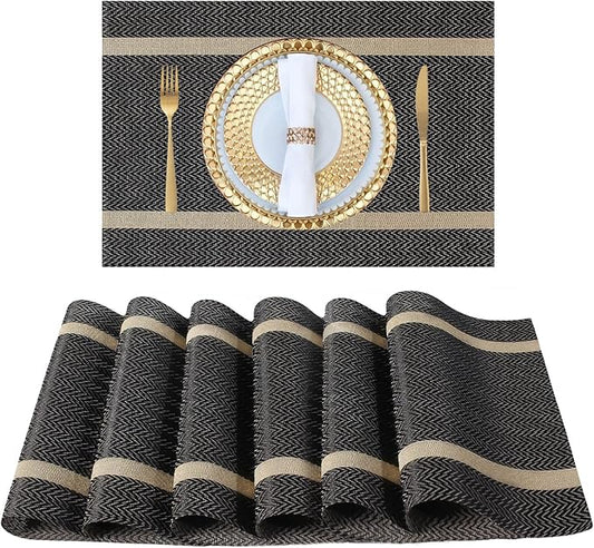 FAVE Placemats Set of 6 Brown Placemat Woven with Golden Thread Durable and Wipeable Vinyl Placemats Heat Resistant Table Mats Set of 6 High Texture Place Mats for Kitchen Table (Brown)