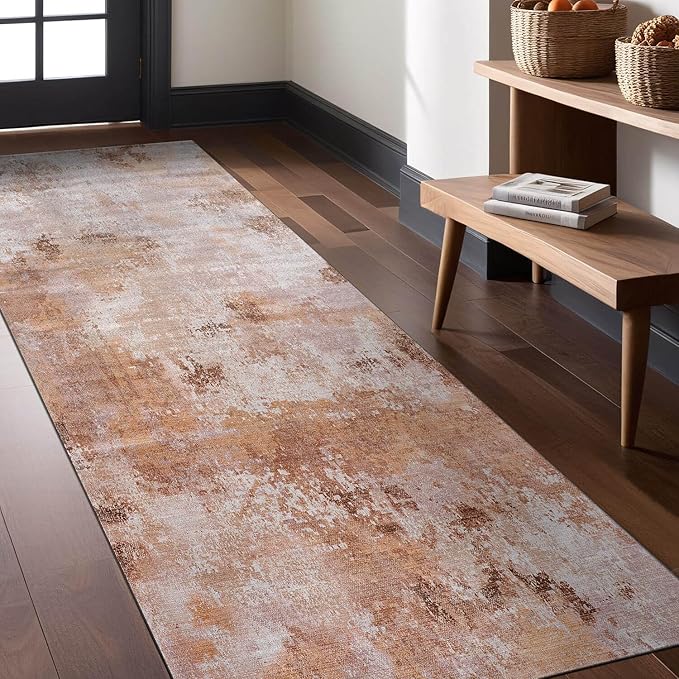 Non Slip Rugs 2x7 Modern Abstract Easy Silk Rubber Backing Soft Runner Rug for Hallways Easy to Clean Non Shedding Kitchen for Laundry Room Indoor Area Carpet (Beige - Brown, 2x7)