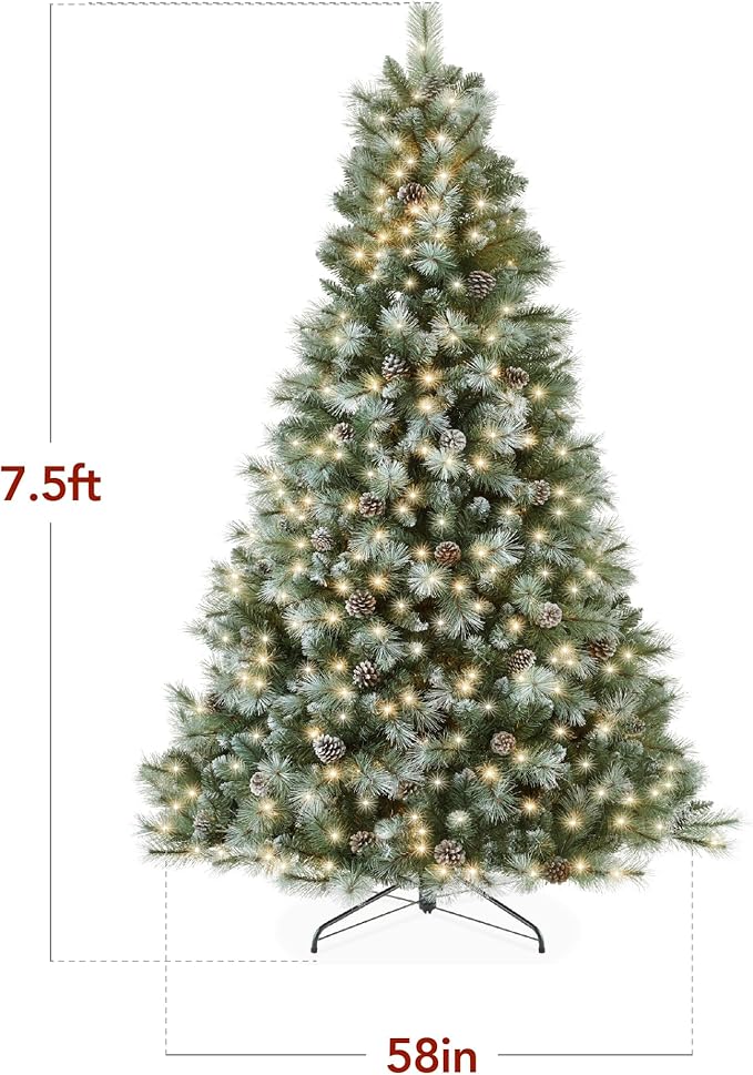 Best Choice Products Full Scotch Pine Christmas Tree, 7.5ft Pre-Lit Frosted Holiday Decor w/ 1,500 Twinkling Micro LED Lights, 2-in-1 White & Multicolor