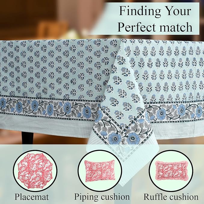 CPC Tablecloth 100% Cotton 80x120 Inch Indian Block Print Rectangle Table Cover, Washable Table Cloth for Weddings, Spring/Summer, Barbeque - Poppy Blue