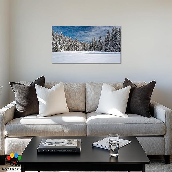 GUTTATY Christmas Winter Scene Canvas Wall Art, Snowy Forest Canvas Prints, Tranquil Blue Sky Wall Decor, Modern Poster Picture for Living Room, Holiday Wall Hanging Artwork, 16x8 Inch