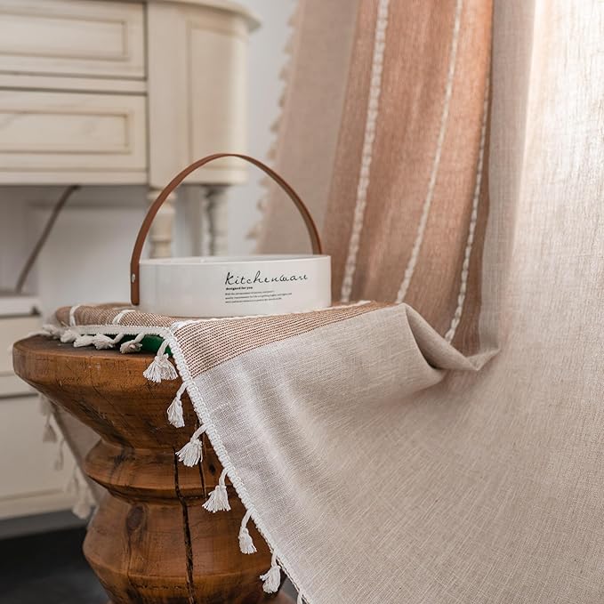 Sutuo Home Boho Curtains for Bedroom Living Room, Semi Blackout Linen Farmhouse Shabby Chic Tassels Window Treatment Bohemian Embroidery Drape, Rod Pocket 1 Panel 52" W x 96" L, Coffee Linen