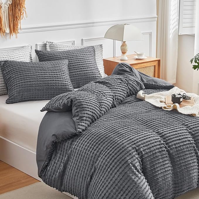 WARMDERN Boho Duvet Cover Set King Size,Dark Grey Striped Duvet Cover Microfiber Bedding Set,3PCS Ultra Soft Breathable Lightweight Tuft Texture Duvet Covers with Zipper Closure(Dark Grey,King)