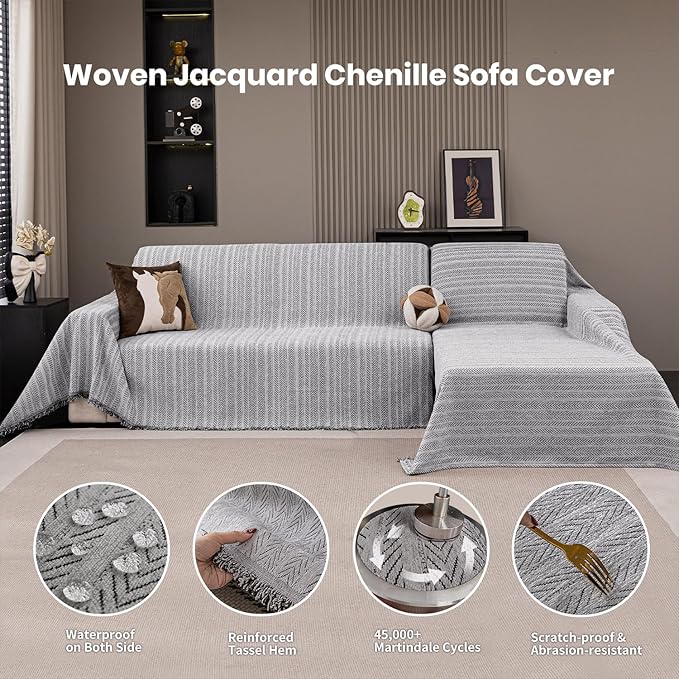 Nobildonna Sofa Chair Cover Waterproof Soft Thicken Chenille Cushion Couch Cover with Tassels,Washable Sofa Slipcovers for Armchair Recliner Sectional Furniture Protector, Gray 71"x71"