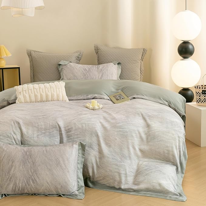 ECOCOTT Bedding 3-Piece Duvet Cover Set Queen Size – Silky Soft 100% Lyocell, Cooling & Breathable for Hot Sleepers, Ultra-Smooth with Modern Feathered Pattern, Moisture-Wicking