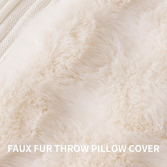 Faux Fur Throw Pillow Covers(Pack of Two, Beige White) 18×18 Inch Decorative Pillows Cover Neutral Soft Chenille Couch Pillows with Zipper Aesthetic for Living Room and Bedroom