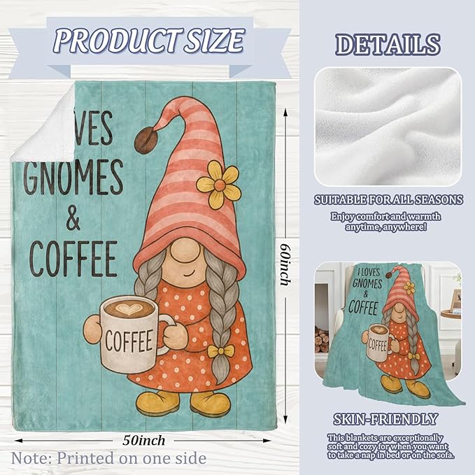 Cute Gnome Blanket, Coffee Rustic Style 80 x 60 Inch Flannel Throw Blanket, Gifts for Women Kids, Lightweight Cozy Warm Blankets for Sofa Travel Home Decor