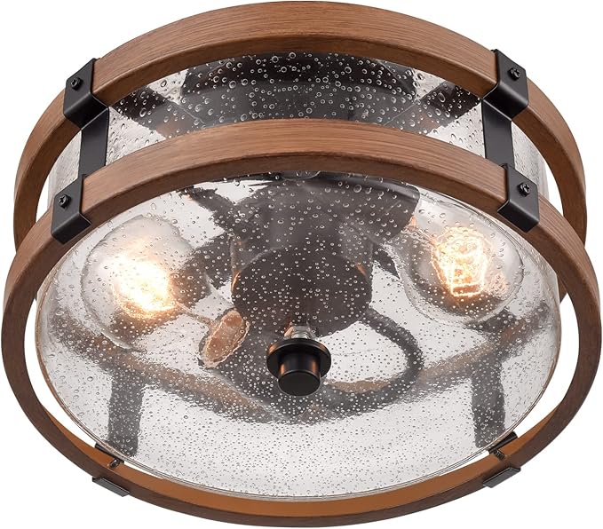 Farmhouse 2-Light Ceiling Light Fixture, Semi Flush Mount Ceiling Light with Seeded Glass Shade, Rustic Retro Ceiling Lamp for Kitchen Hallway Entryway