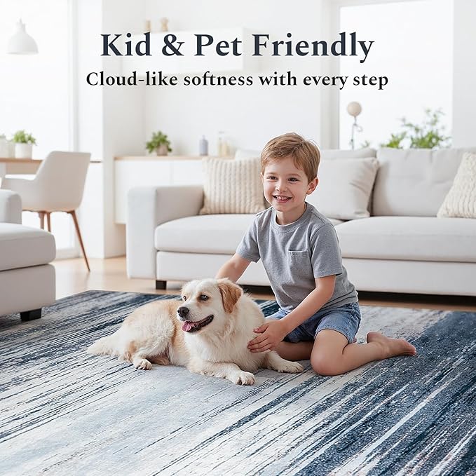 Rugflix 6x9 Area Rug, Washable Rug for Living Room, Non Slip, Soft Low Pile, Modern Abstract Blue Grey Rug for Bedroom, Dining Room, Home Office, Indoor Floor Carpet
