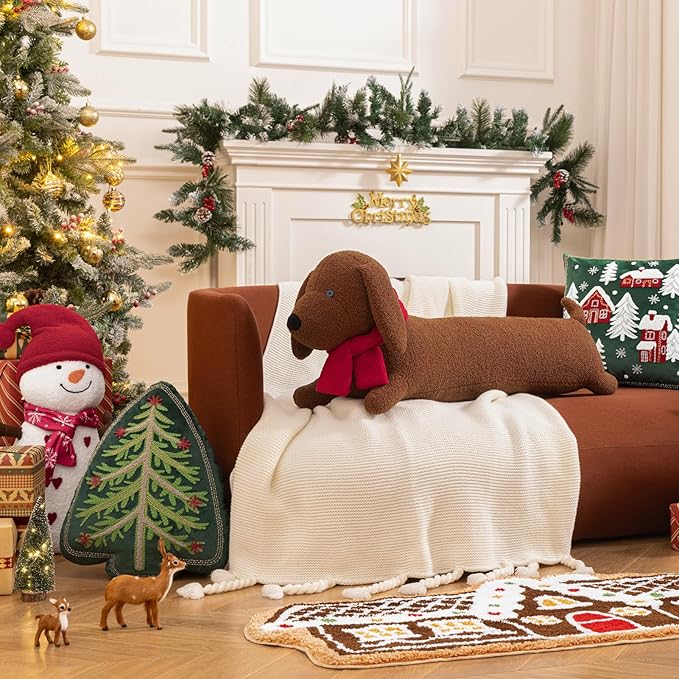 Phantoscope Christmas Animal Series, Dachshund Shaped Throw Pillow with Scarf, Sherpa Large Long Body Pillow Christmas Decorative Pillows for Couch, Sofa, Bed, Coffee Dachshund 14 x 40 inches