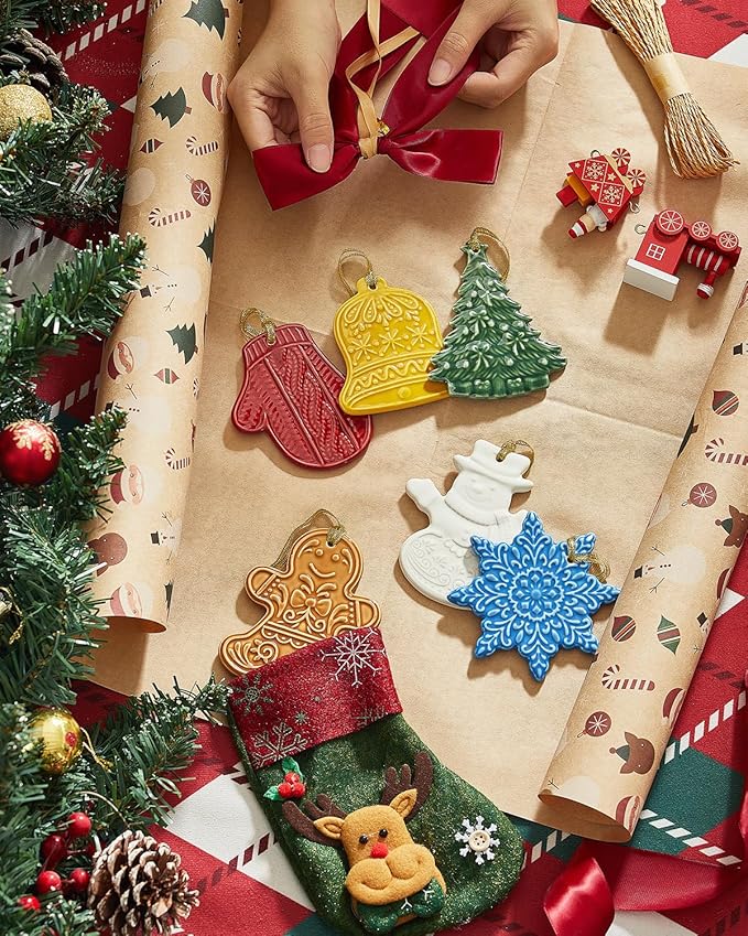 6 Pcs Ceramic Christmas Ornament Set, Hanging Ornaments for Tree Decoration, Christmas Decorations, Winter Decorations, Tree Ornaments, Assorted Colors