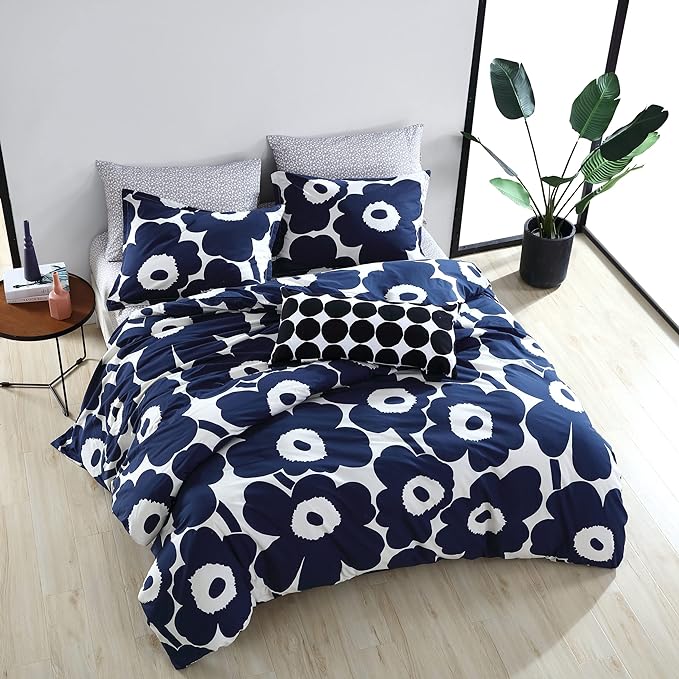 Marimekko - King Duvet Cover Set, Cotton Bedding with Matching Shams & Button Closure, All Season Home Decor (Unikko Indigo, King)