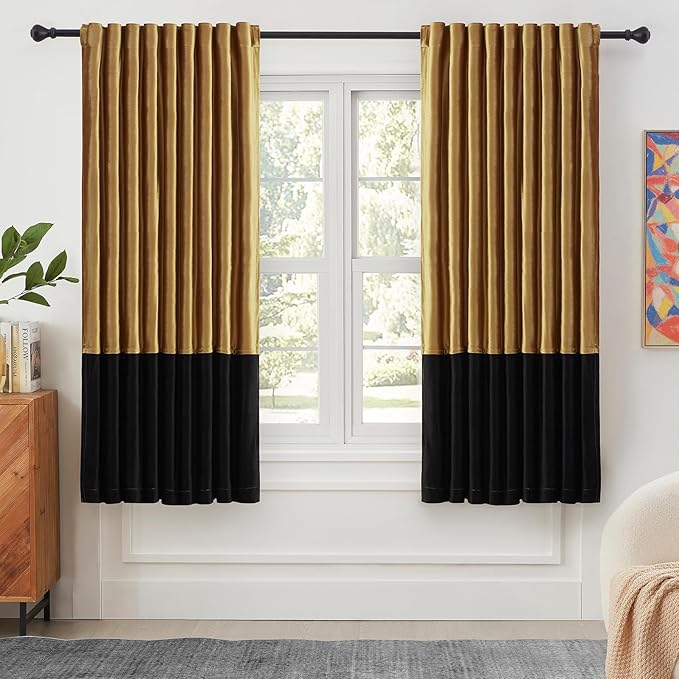 Velvet Curtains for Living Room Gold Black 72 inches Long,2 Panels Blackout Curtains Modern Color Block Back Tab Rod Pocket Soundproof Drapes for Bedroom Window Decor