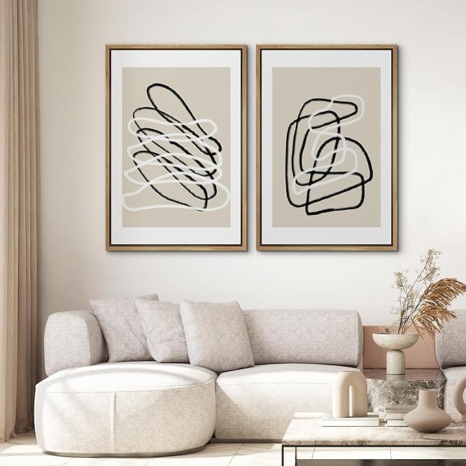 SIGNWIN Framed Wall Art Print Set Black and White Lines Tangled Tan Background Abstract Swirly Cozy Neutral Modern Art Mid-Century Modern Expressive for Living Room, Bedroom, Office - 16"x24"x2 Panels
