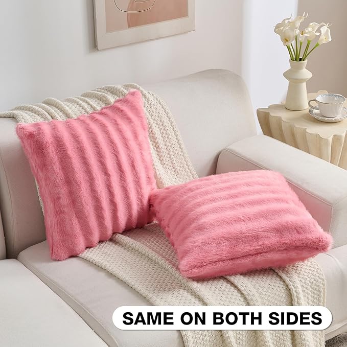 FUTEI Hot Pink Decorative Throw Pillow Covers 12x20 Inch Set of 2,Soft Fluffy Faux Rabbit Fur Dyeing Striped Textured Lumbar Pillow Case,Modern Home Decor for Couch Bed Living Room
