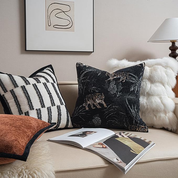 New 22x22'' inches Throw Pillow Cushion Covers - Black Color with Chenille Jacquard Embroidery Golden Tiger Luxury Modern Style Couch Sofa Bed Pillow Cover for Living Room Bedroom