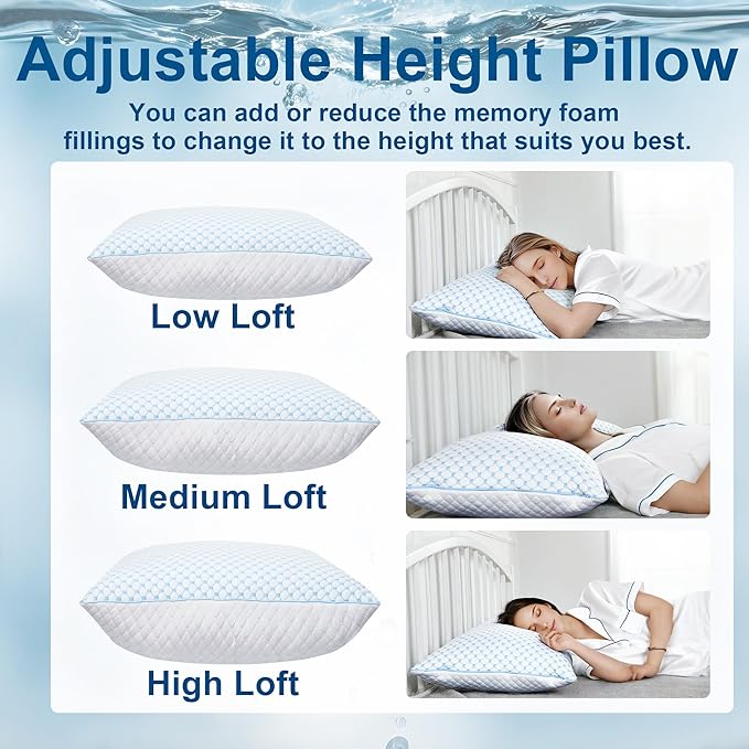 XWZO Cooling Pillow for Sleeping Queen Size Set of 1, Shredded Memory Foam Pillows Adjustable Gel Bed Pillows for Side Back Stomach Sleepers with Washable Removable Cover