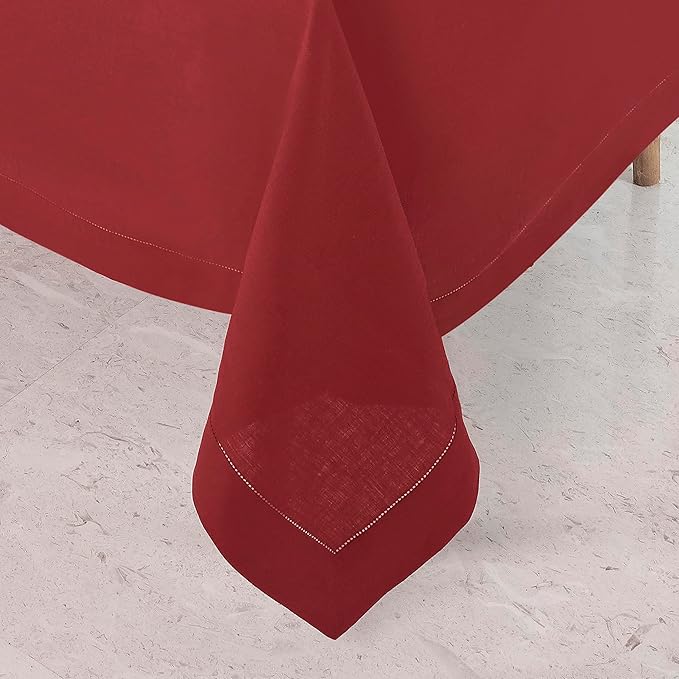 D'Moksha Homes Red Linen Tablecloth 60 x 108 Inch - 100% Pure Linen Red Table Cloth for Rectangle Tables - Classic Hemstitch, Machine Washable Tablecloth for Fall, Thanksgiving, Christmas, Holiday