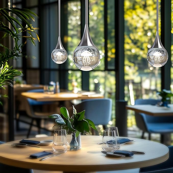 2-Pendant Lights Kitchen Island, Chrome Silver Crystal Globe Ceiling Hanging Light Fxitures, LED Lamp Metal Rod Ceiling Jellyfish Pendant Lighting for Kitchen Dining Room Bar