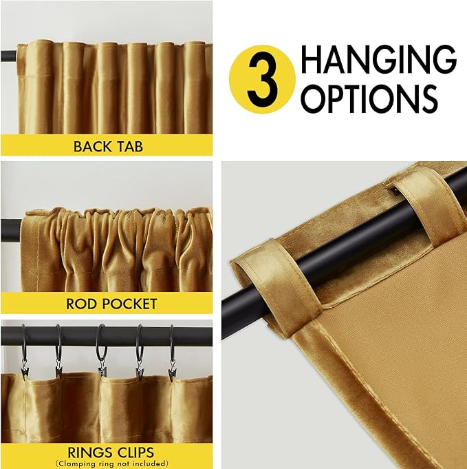 Velvet Curtains 96 inches Long for Living Room Gold Black,2 Panels Blackout Curtains Modern Color Block Back Tab Rod Pocket Soundproof Drapes for Bedroom Window Decor