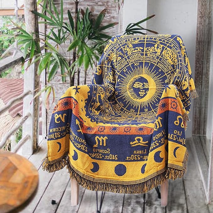 Boho Throw Blankets Woven Reversible Cotton Bohemian Tapestry Hippie Room Decor Witchy Astrology Zodiac Celestial Constellation Carpet Bed Recliner Chair Couch Sofa Cover Double Sided 50"x70"