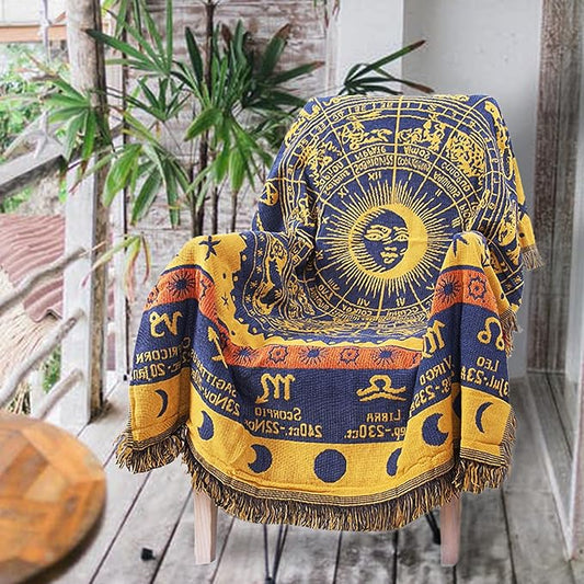 Boho Throw Blankets Woven Reversible Cotton Bohemian Tapestry Hippie Room Decor Witchy Astrology Zodiac Celestial Constellation Carpet Bed Recliner Chair Couch Sofa Cover Double Sided 50"x70"