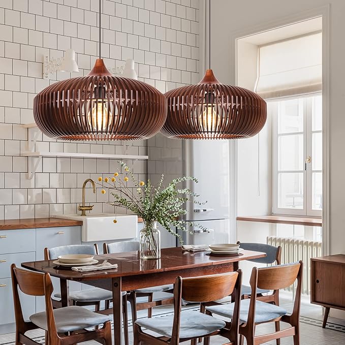 Arturesthome Farmhouse Round Wood Pendant Light, Rustic Wooden Hanging Ceiling Light Fixture for Kitchen Island Cafe Basement Hallway, Coffee