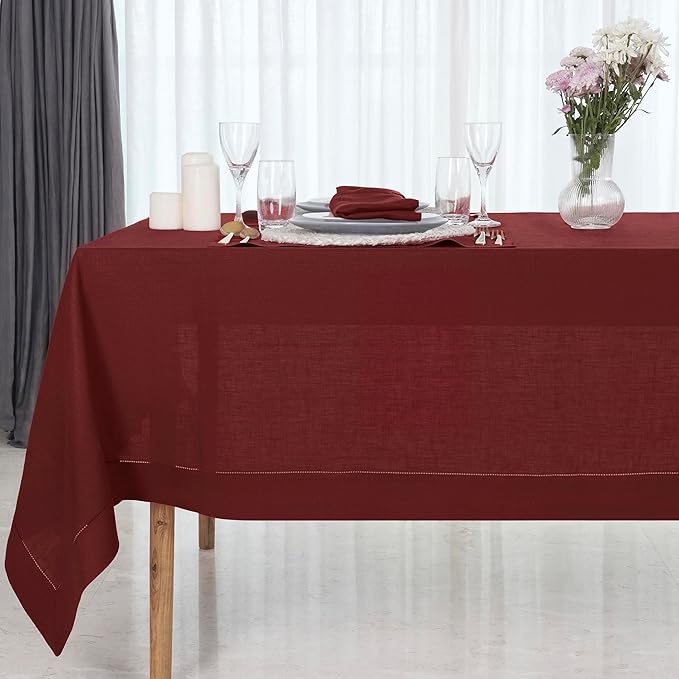 D'Moksha Homes Dark Red Linen Tablecloth 60 x 120 Inch - 100% Pure Linen Hemstitch Tablecloth for Rectangle Tables - Classic Hemstitch, Machine Washable Table Cloth for Thanksgiving, Christmas