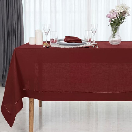 D'Moksha Homes Dark Red Linen Tablecloth 60 x 120 Inch - 100% Pure Linen Hemstitch Tablecloth for Rectangle Tables - Classic Hemstitch, Machine Washable Table Cloth for Thanksgiving, Christmas