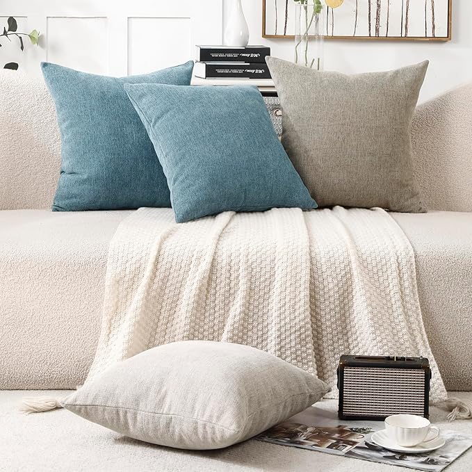 Jepeak 24x24 Inch Decorative Chenille Throw Pillow Covers, Pack of 2 Cozy Concise Pillow Cases Soft Farmhouse Modern Square Cushion Cover for Sofa Couch Bed Home Decor, Dusty Blue