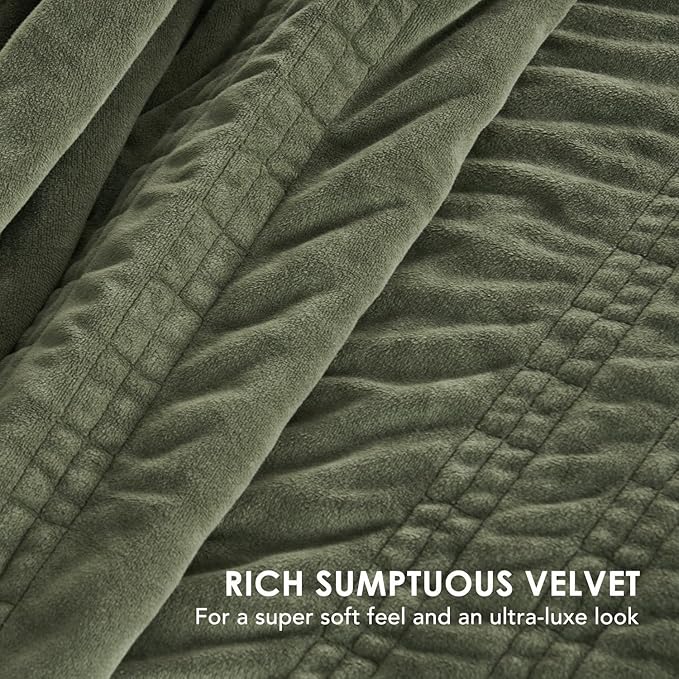 EverGrace Velvet Quilt King Size, Luxury Velvet Bedding Set, Ultra Soft Ruched Quilt Sets, Lightweight Comforter Vintage Textured Bedspread Coverlet with 2 Shams for All Season, Olive Green
