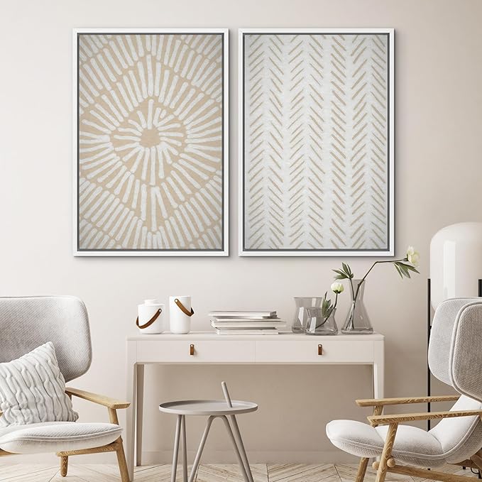 SIGNWIN Framed Canvas Print Wall Art Set Tan White Tropical Geometric Collage Abstract Shapes Cozy Neutral Modern Art Minimal Boho Relax/Calm for Living Room, Bedroom, Office - 16"x24"x2 White