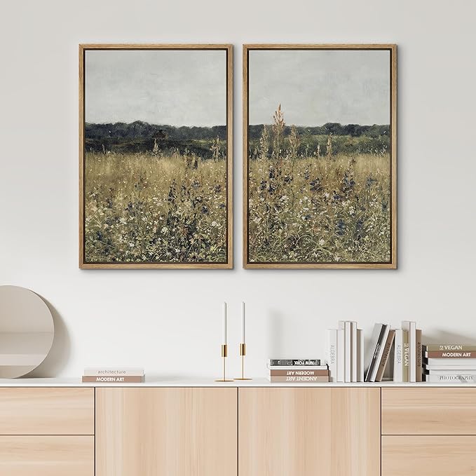 SIGNWIN Framed Canvas Print Wall Art Set Wildflower Meadow Under a Gentle Overcast Sky Illustration Modern Art Minimalism Decorative Nordic for Living Room, Bedroom, Office - 16"x24"x2 Natural