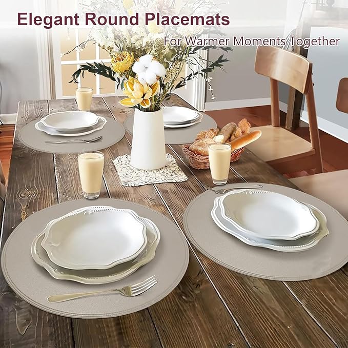 Round Vinyl Gray Placemats Set of 6, Faux Leather Waterproof Wipeable Heat Resistant Place Mats, Washable Table Mats for Halloween, Thanksgiving & Christmas Dinner(Gray)