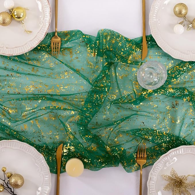 Socomi Christmas Snow Table Runner Gold Gauze Sheer Chiffon Cheesecloth Sequin 10FT Glitter Metallic Foil Dining Wedding Birthday Party Fall Winter Holiday Centerpiece Table Decor 3pcs Emerald Green