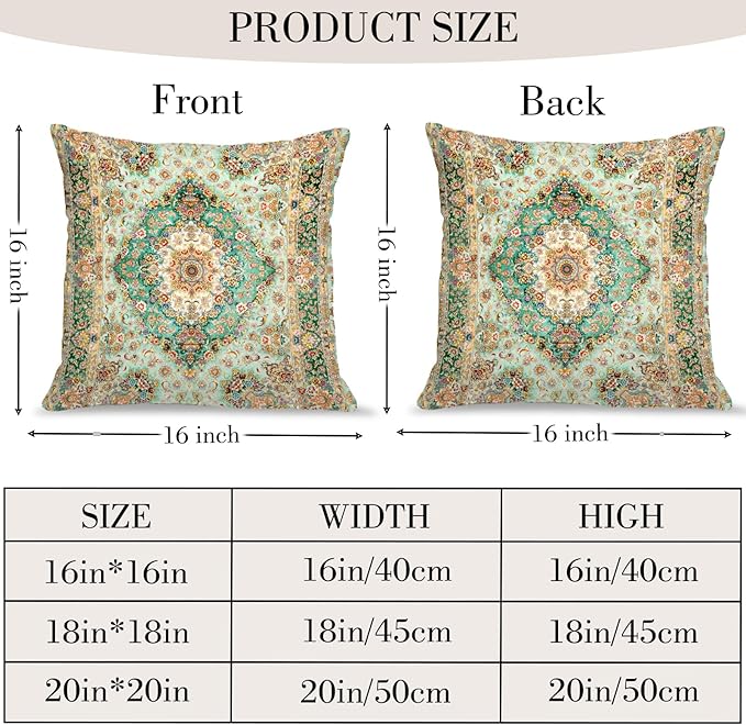 Boho Floral Throw Pillow Covers 16x16 inch Set of 2,Green Boho Rug Geometric Floral Pattern Decor Double Sided Pattern Cushion Cover Soft Pillow Case Living Sofa Room Bed Square Pillow Cover