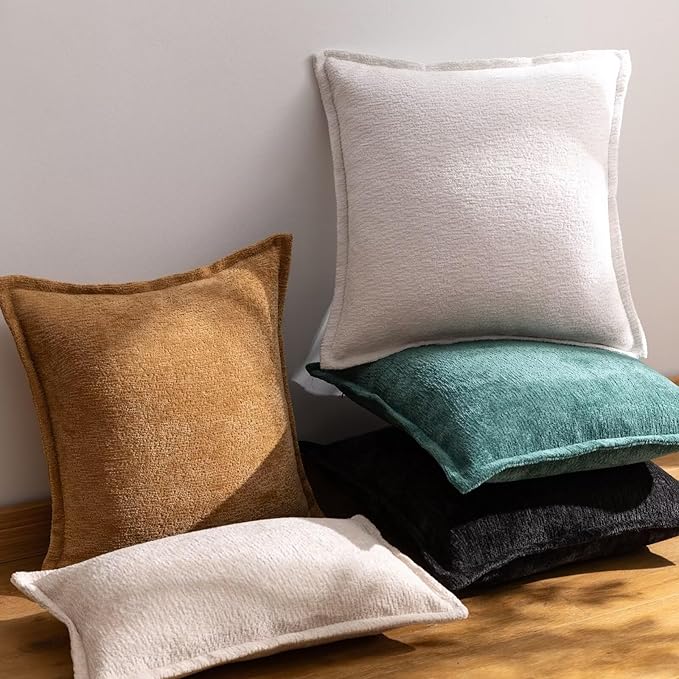 Cream White Decorative Throw Pillow Covers 24x24 Inch Set of 2 Cozy Soild Chenille Cushion Cases Soft Textured Square Couch Pillows Cover Boho Accent Farmhouse Pillowcases for Sofa Bed