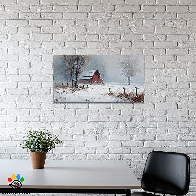 GUTTATY Christmas Winter Scene Canvas Wall Art, Red Barn Farmhouse Snowy Wall Painting, Rustic Poster Artwork, Cozy Seasonal Wall Decor Pictures for Living Room, Bedroom, Office, 24x12 Inch