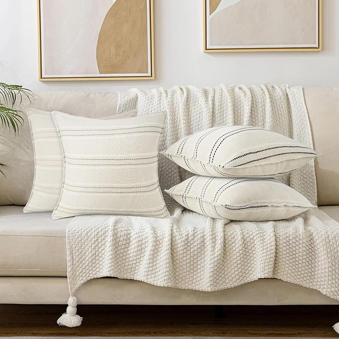 20X20 Decorative Farmhouse Linen Throw Pillow Covers, Boho Textured Pillow Case Set of 2,Beige with White & Blue Stitch Yarn Dyed Stripe Cushion Cover ,Modern Accent Square Pillowcase for Sofa Couch