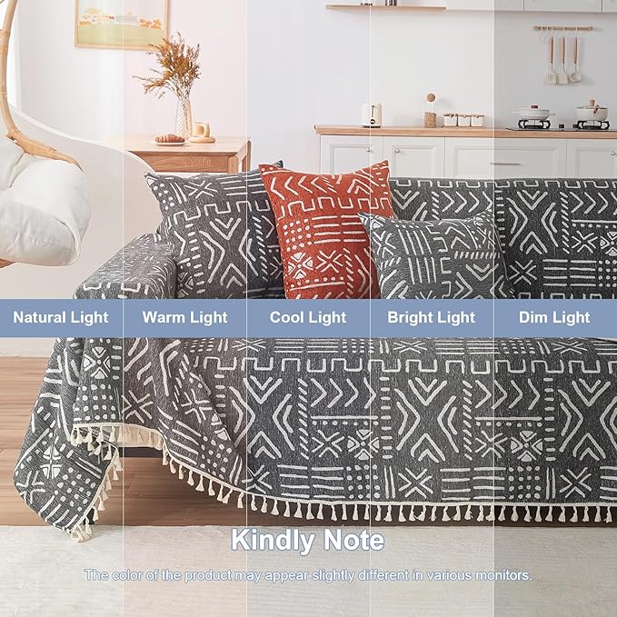 VClife Couch Cover Japanese Style Sofa Cover with Tassel, Soft Chenille Boho Couch Covers Sofa Covers Washable White Black Furniture Cover for Living Room 71''x134''