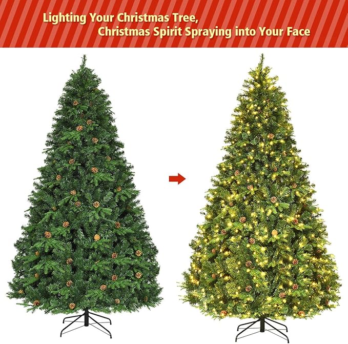 GOFLAME 8ft Artificial Pre-lit Christmas Tree with Warm White LED Lights and Pine Cones, Home Holiday Décor, Hinged, 1335 Branches for Indoor Decoration, Easy Setup